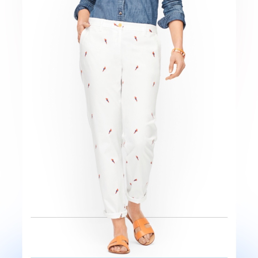 TALBOTS Embroidered Parrot Ankle Pant White Size 4 NWT